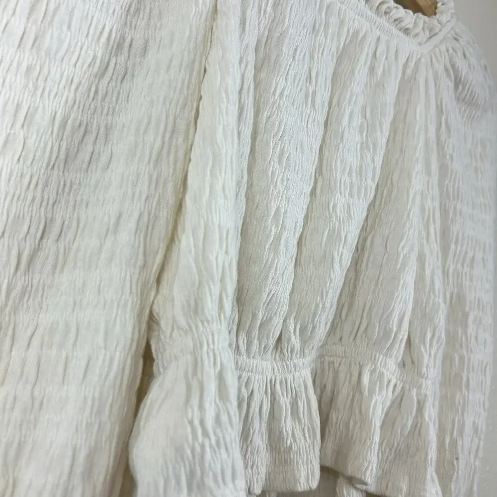 Crinkle Peplum Crop Top Size L 10-11 Ivory Long Sleeve Shirt Peasant Smocked GAP